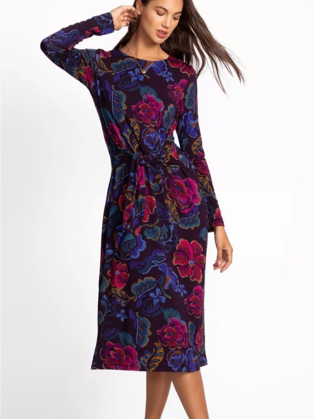 NWT Johnny Was Janie Floral Long-Sleeve Tie-Waist Midi Dress